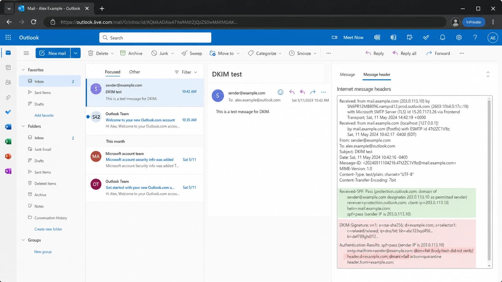 Outlook.com message details showing a DKIM body hash failure.