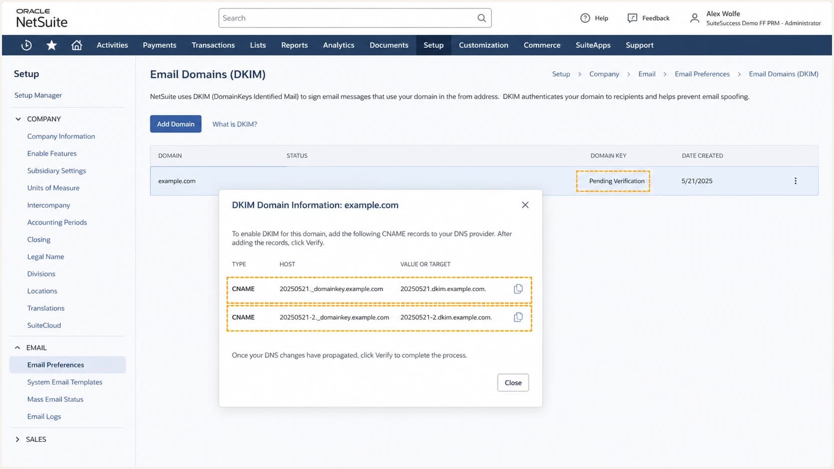 NetSuite Show DNS Info popup with two DKIM CNAME records