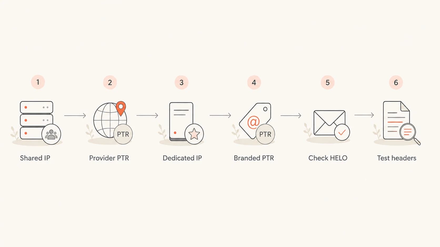Decision flow for using provider PTR on shared IPs and branded PTR on dedicated IPs.