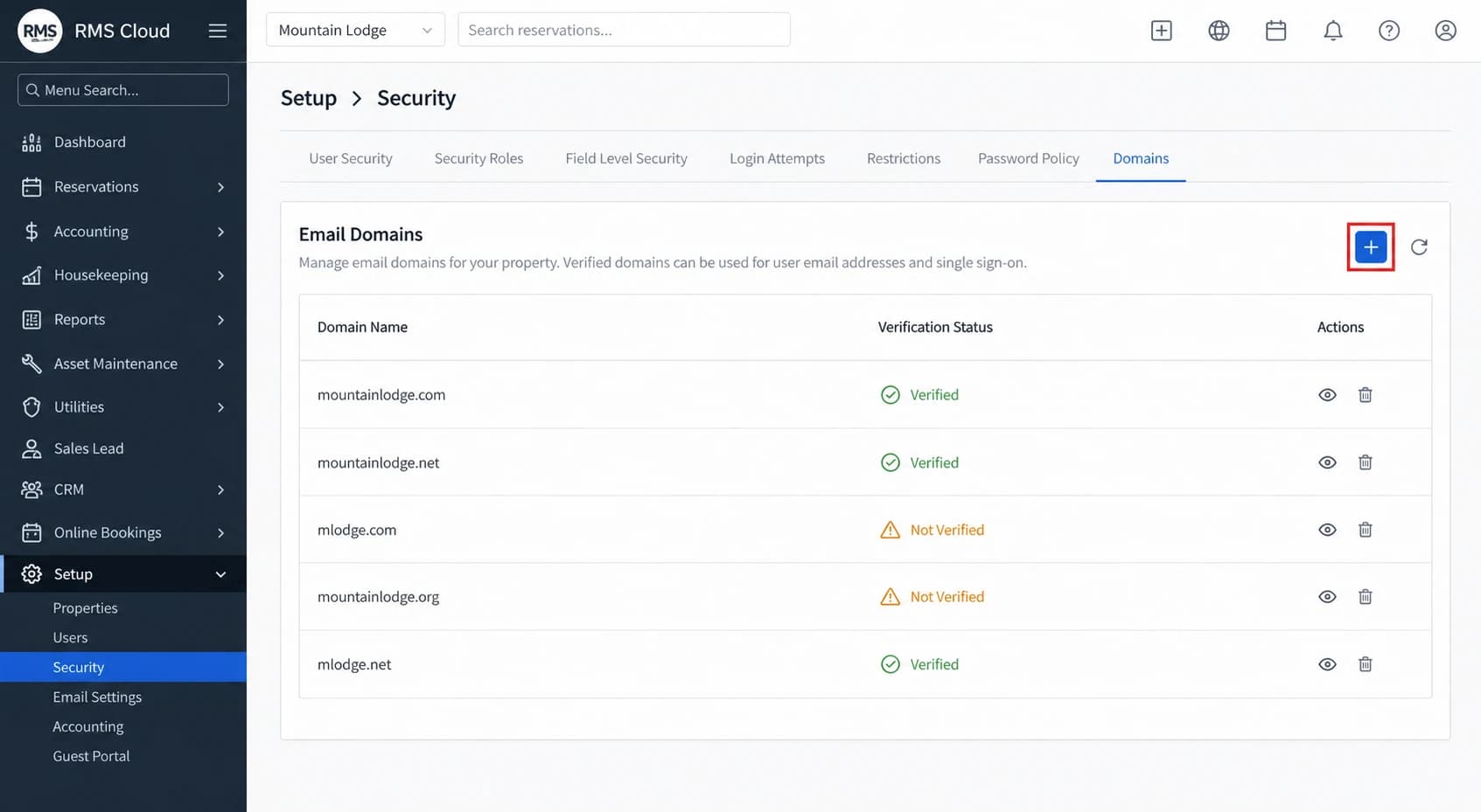 RMS Cloud Domains tab with the Add icon highlighted.