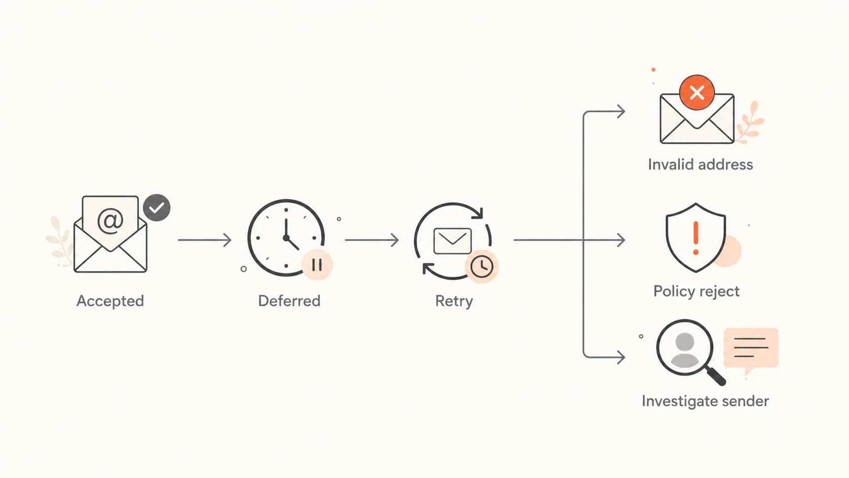 Flowchart showing how to triage accepted, deferred, invalid, and policy-rejected email.