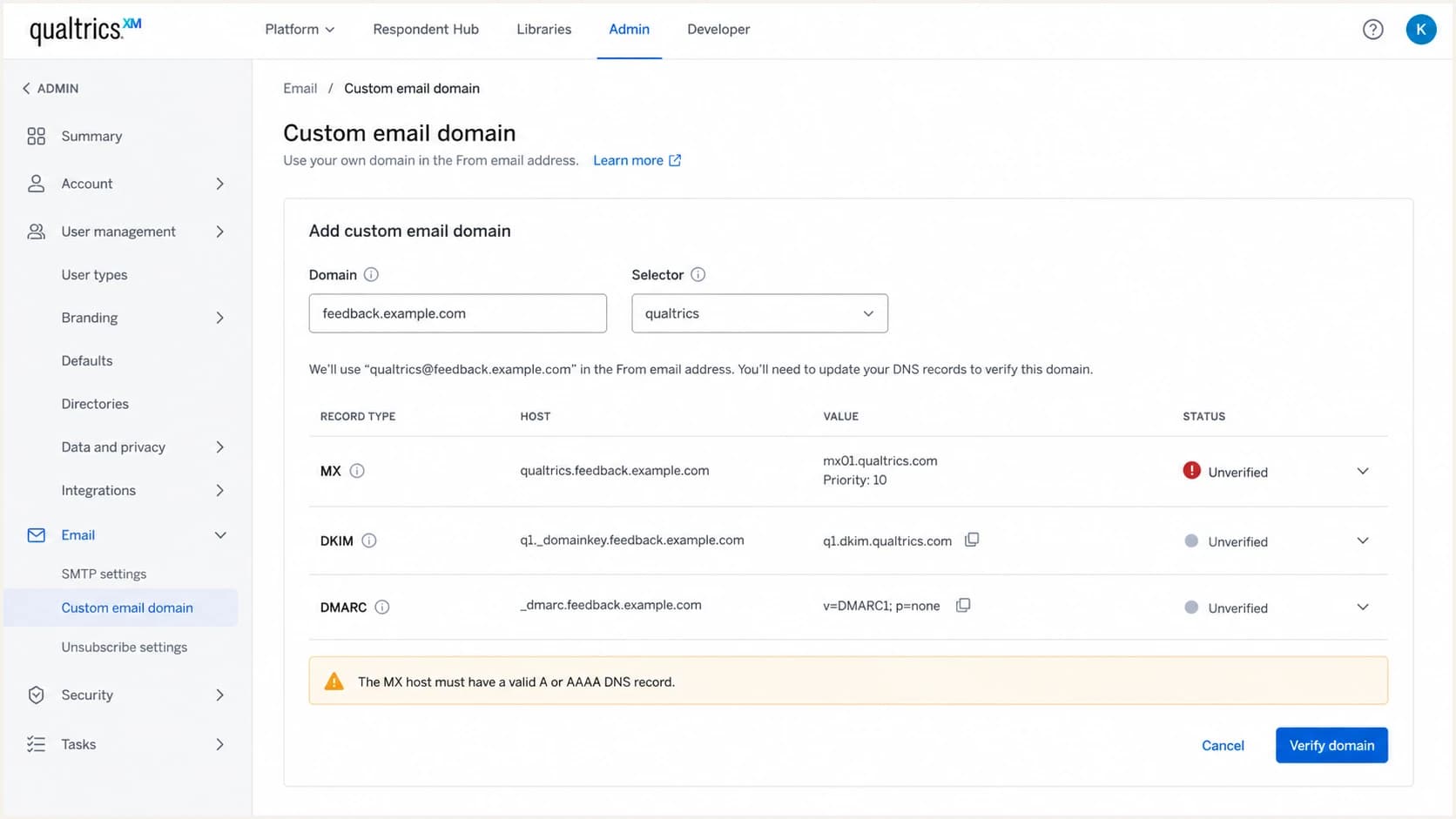 Qualtrics custom email domain screen showing an unverified MX record.