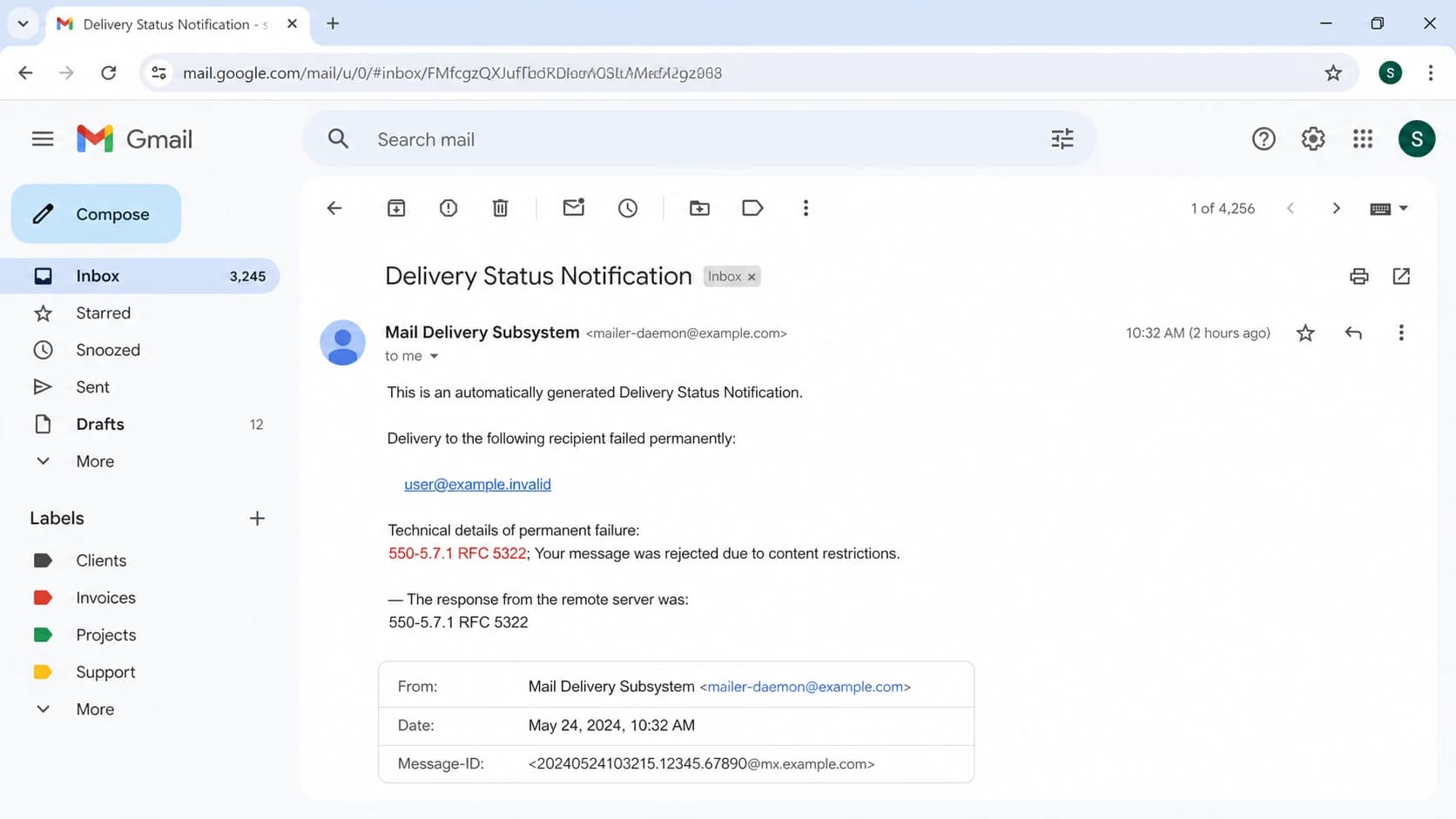 Gmail bounce notification showing an RFC 5322 rejection.