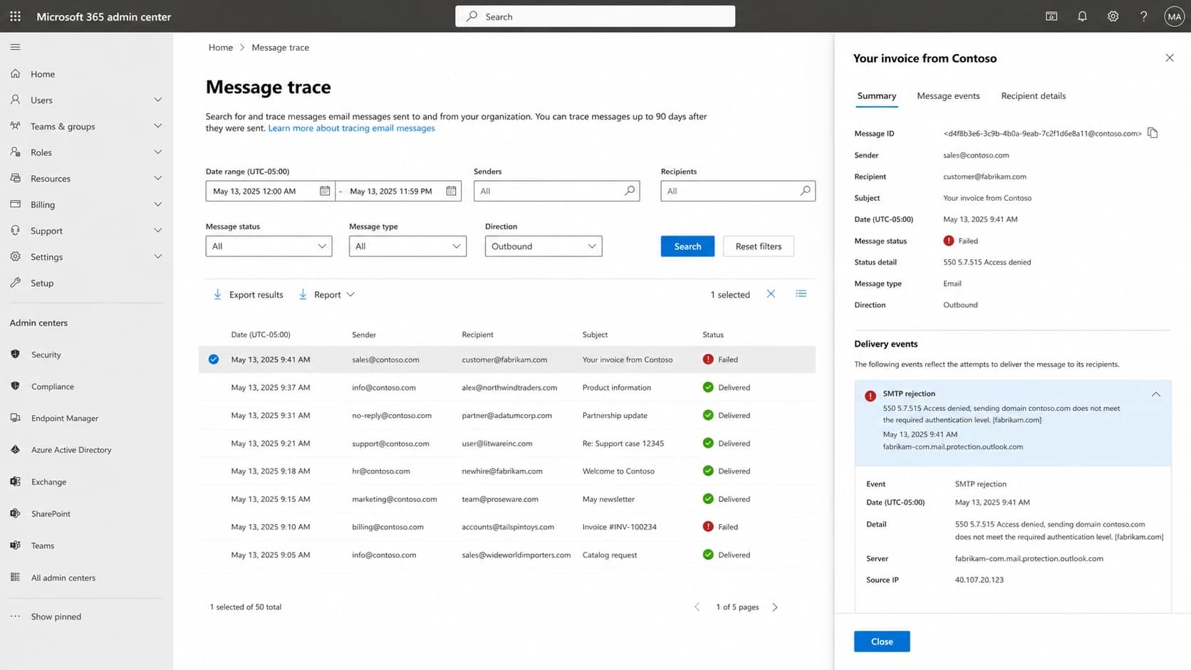 Microsoft 365 admin center message trace showing a 550 5.7.515 rejection event.