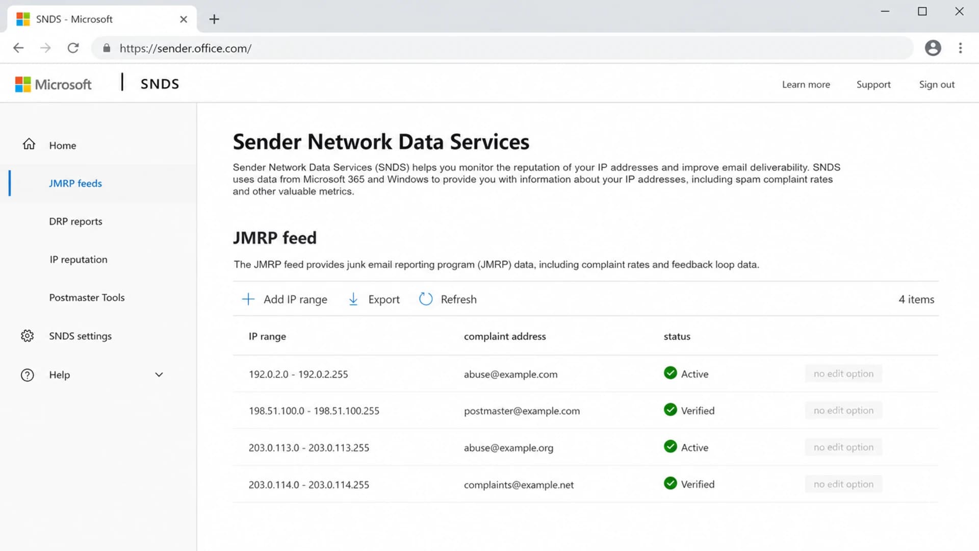 Microsoft SNDS portal view showing a JMRP feed without an edit option.