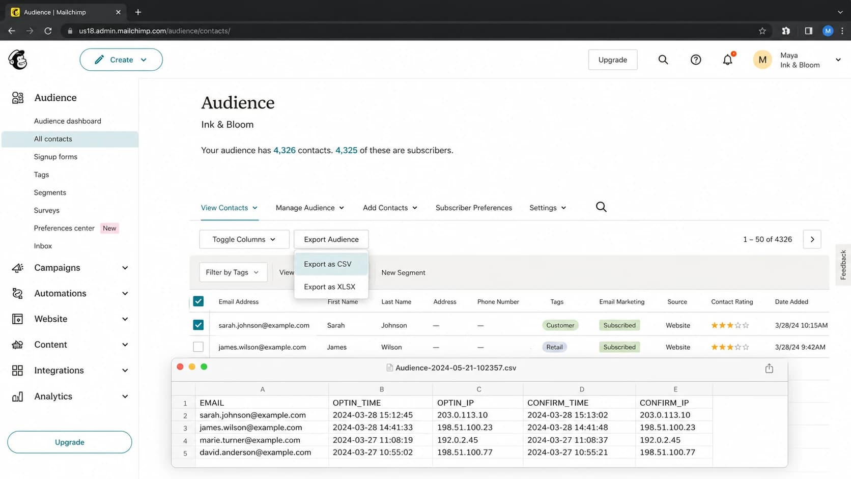 Mailchimp audience export workflow showing signup IP fields in a CSV preview.