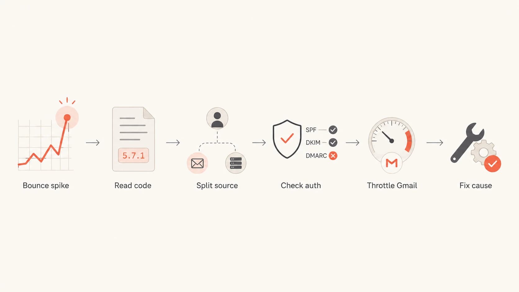 A six-step flowchart for triaging a sudden Gmail bounce spike.