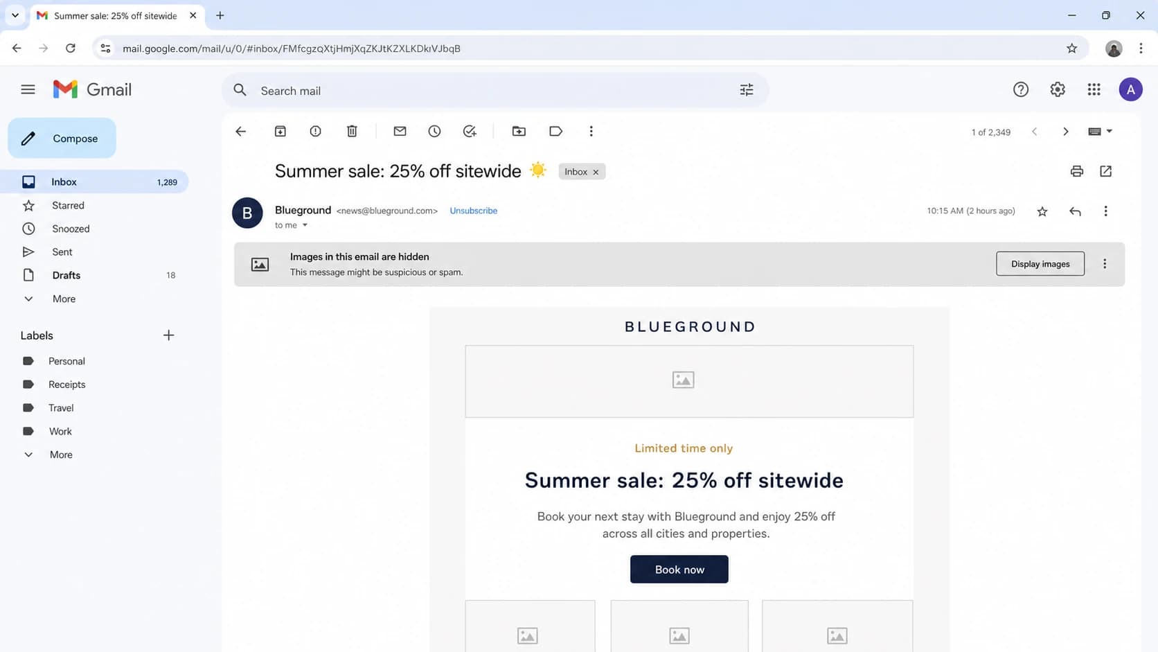 Gmail screenshot showing a marketing email with images hidden and a display images action.