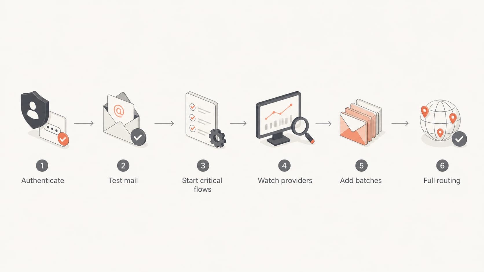Flowchart showing a staged transactional IP warmup path.