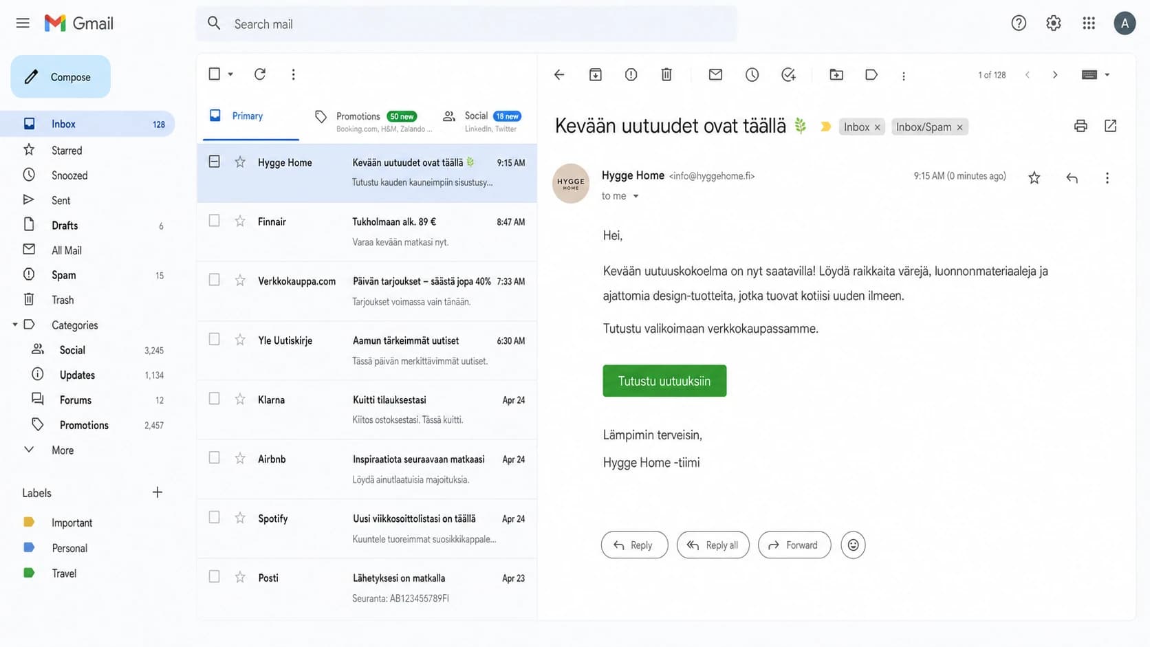 Google Gmail inbox showing a Finnish marketing email opened for placement testing.