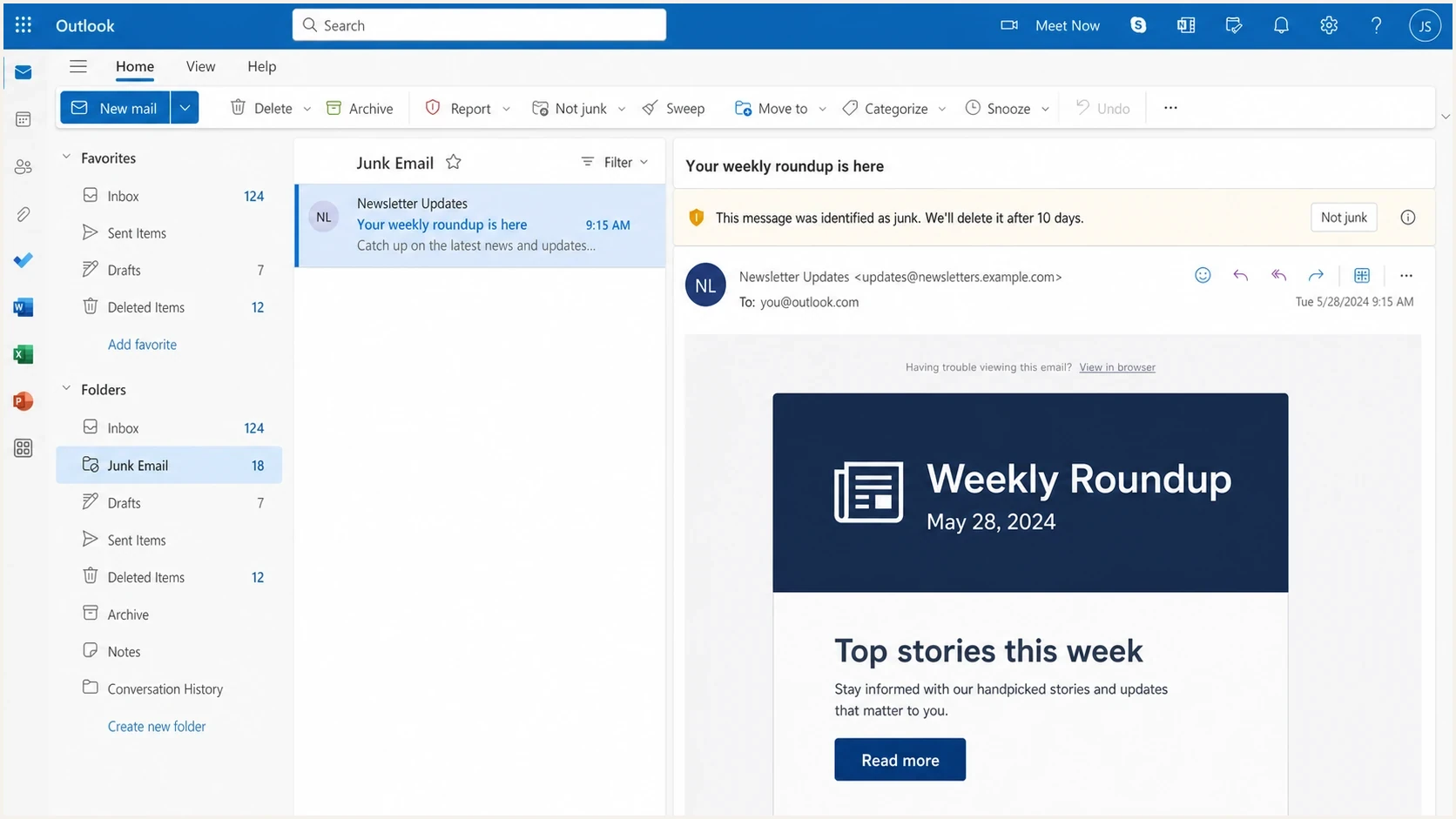 Microsoft Outlook on the web Junk Email folder with a selected newsletter message.