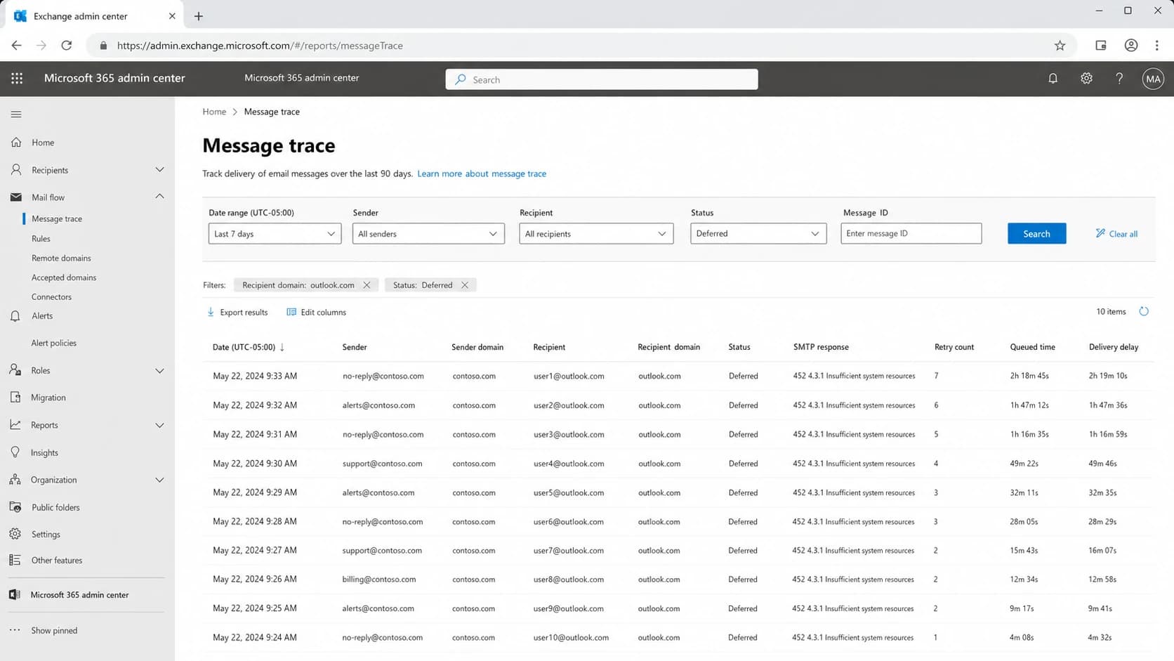 Microsoft 365 Exchange admin center message trace showing deferred messages with 452 4.3.1.