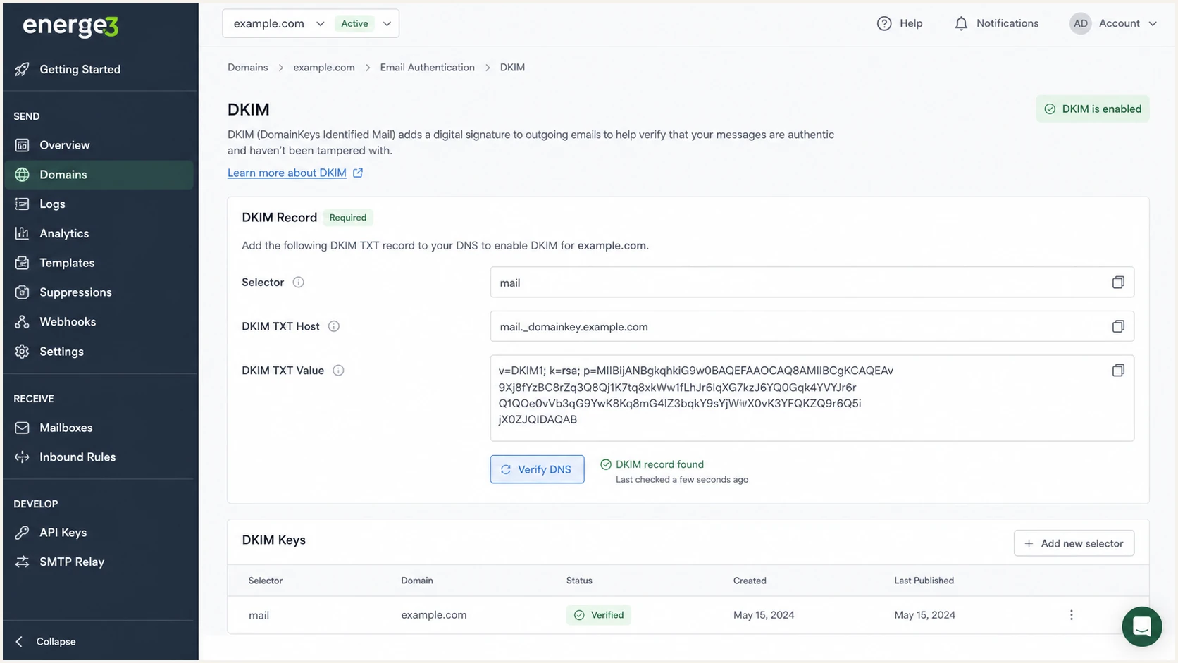 Energe3 DKIM setup screen with selector and public key fields.