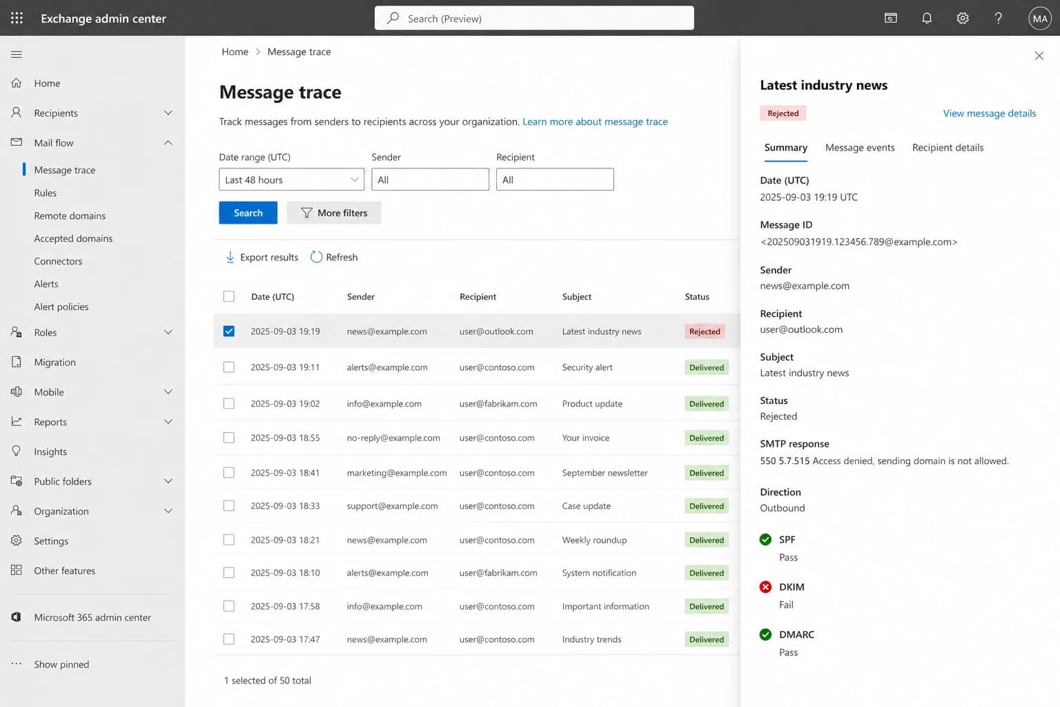 Microsoft Exchange admin center message trace showing a 550 5.7.515 rejection.
