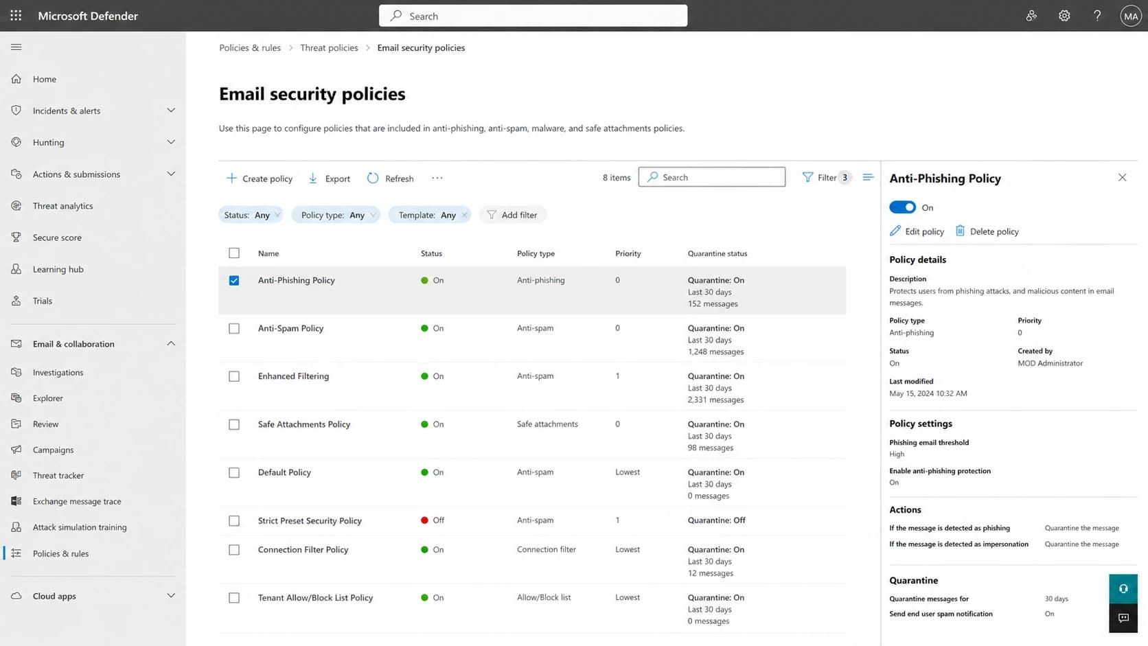 Secure email gateway policy screen showing filtering controls.