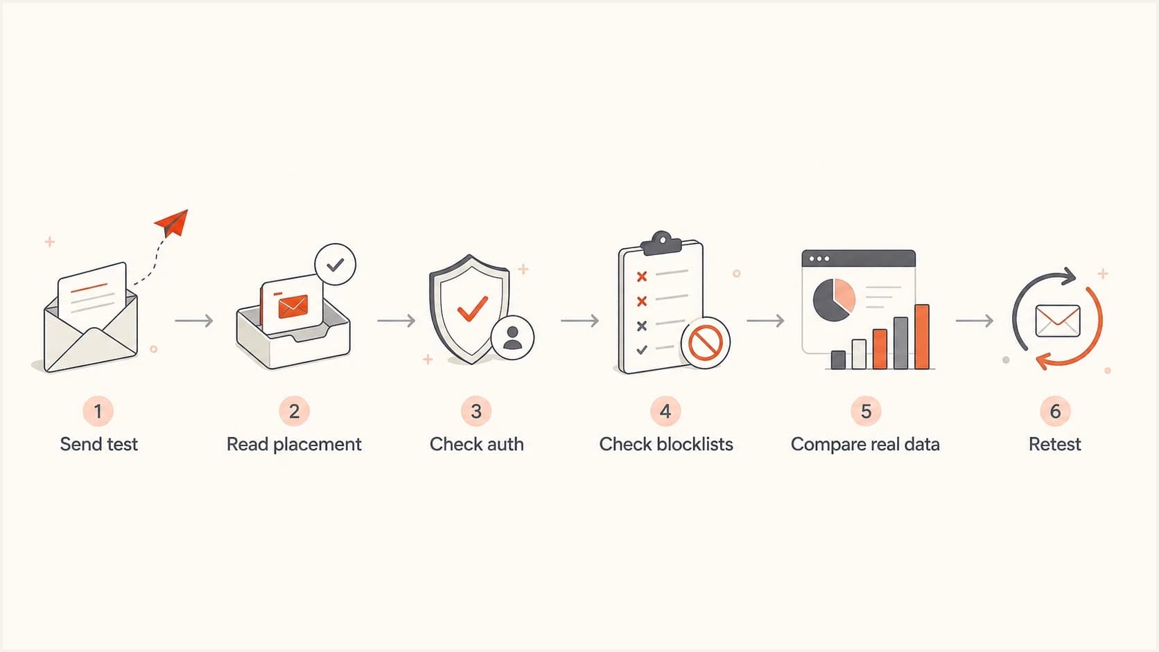 Inbox placement testing workflow from sending a test to checking authentication and retesting.