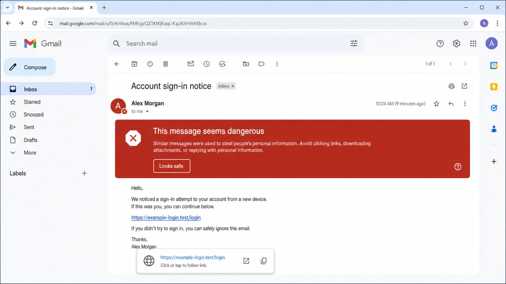 Gmail warning screen showing an email with a risky linked login page.
