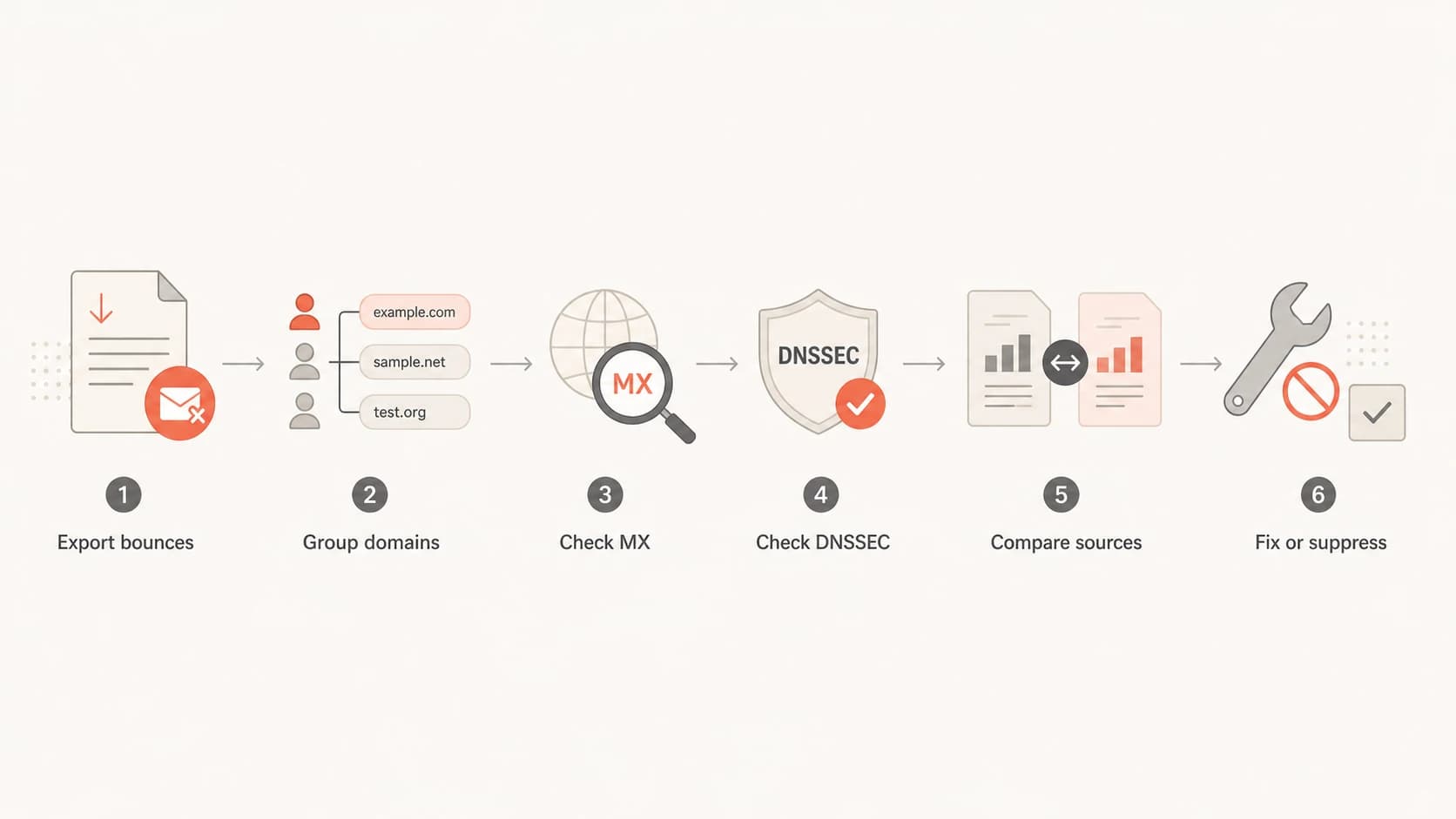 Flowchart for diagnosing DNS failure and hard bounce spikes.