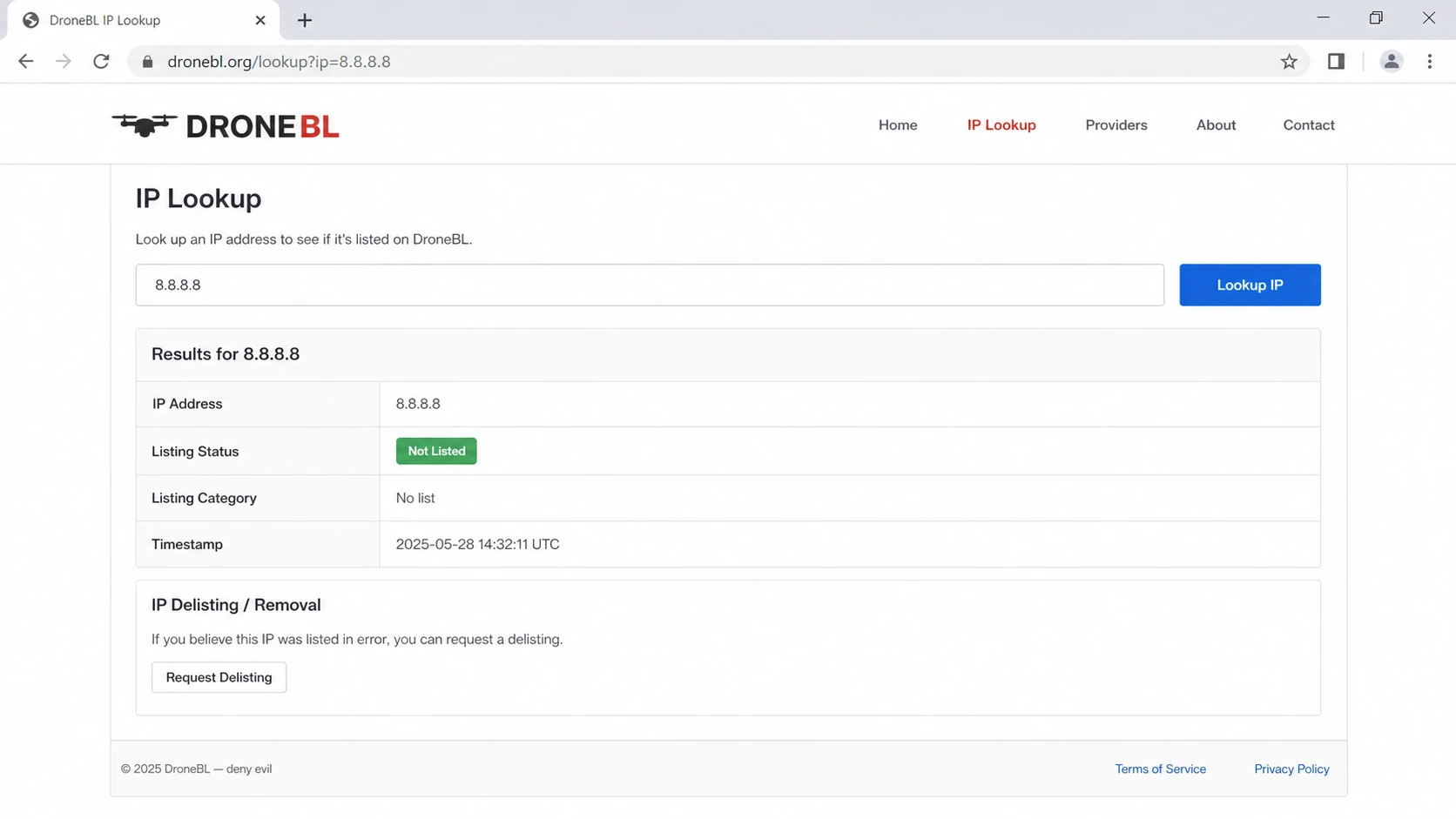DroneBL IP Lookup page showing a listed IP and delisting area.