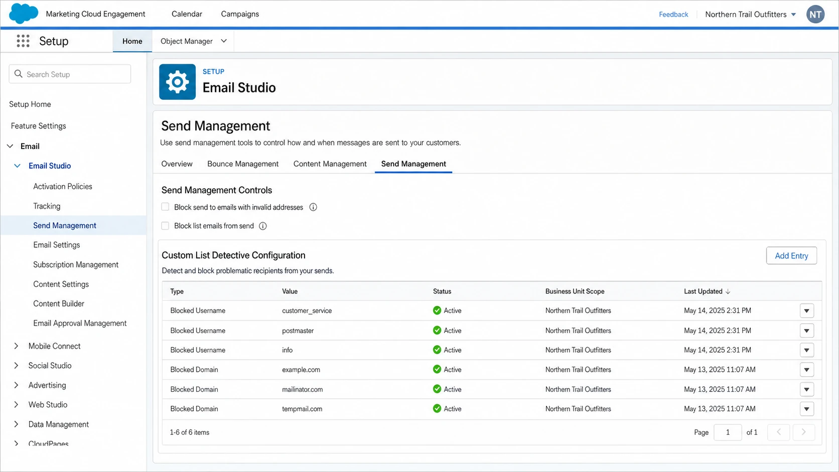 Salesforce Marketing Cloud Engagement setup screen for configuring email sending restrictions.