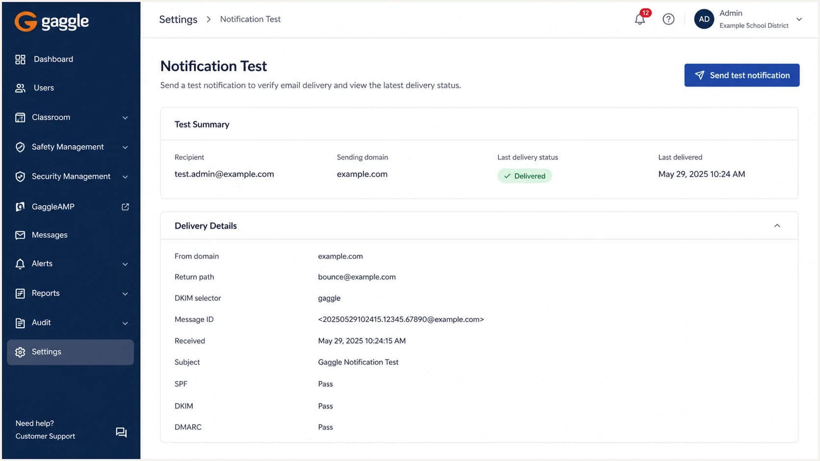 Gaggle email delivery test screen showing sender and authentication details.