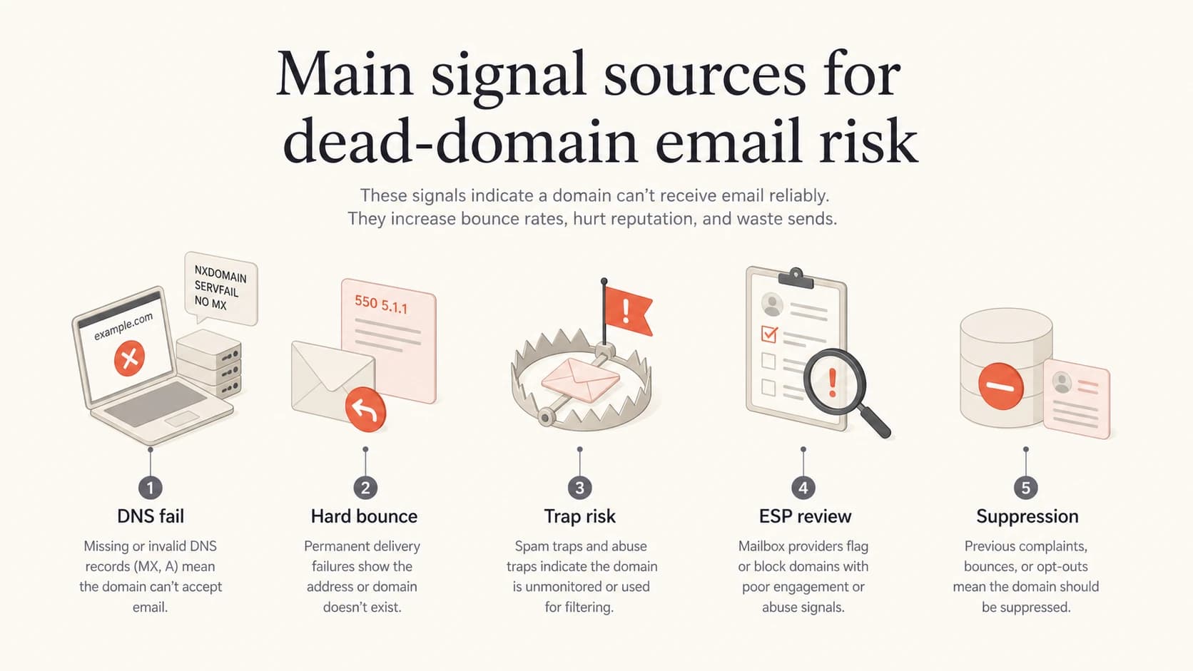 Infographic showing dead-domain risk signals.
