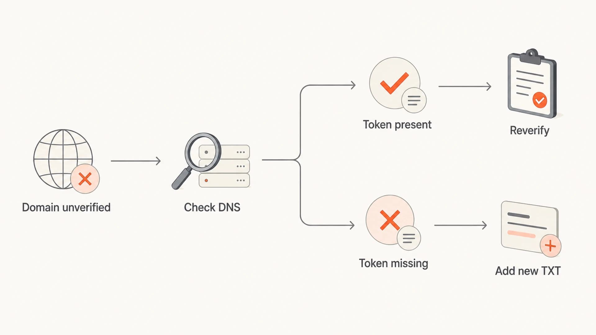Flowchart showing DNS check, reverify, and new TXT record paths.