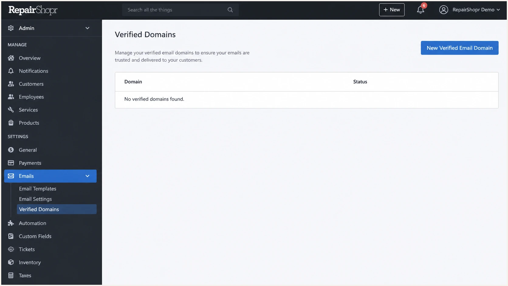 RepairShopr Admin page with Verified Domains highlighted