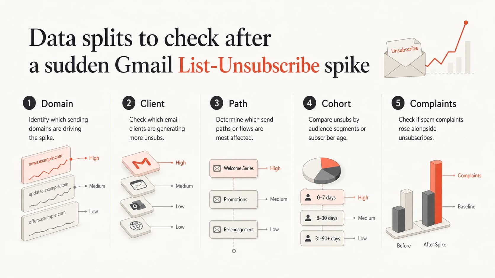 Infographic showing five data splits for diagnosing Gmail unsubscribe spikes.
