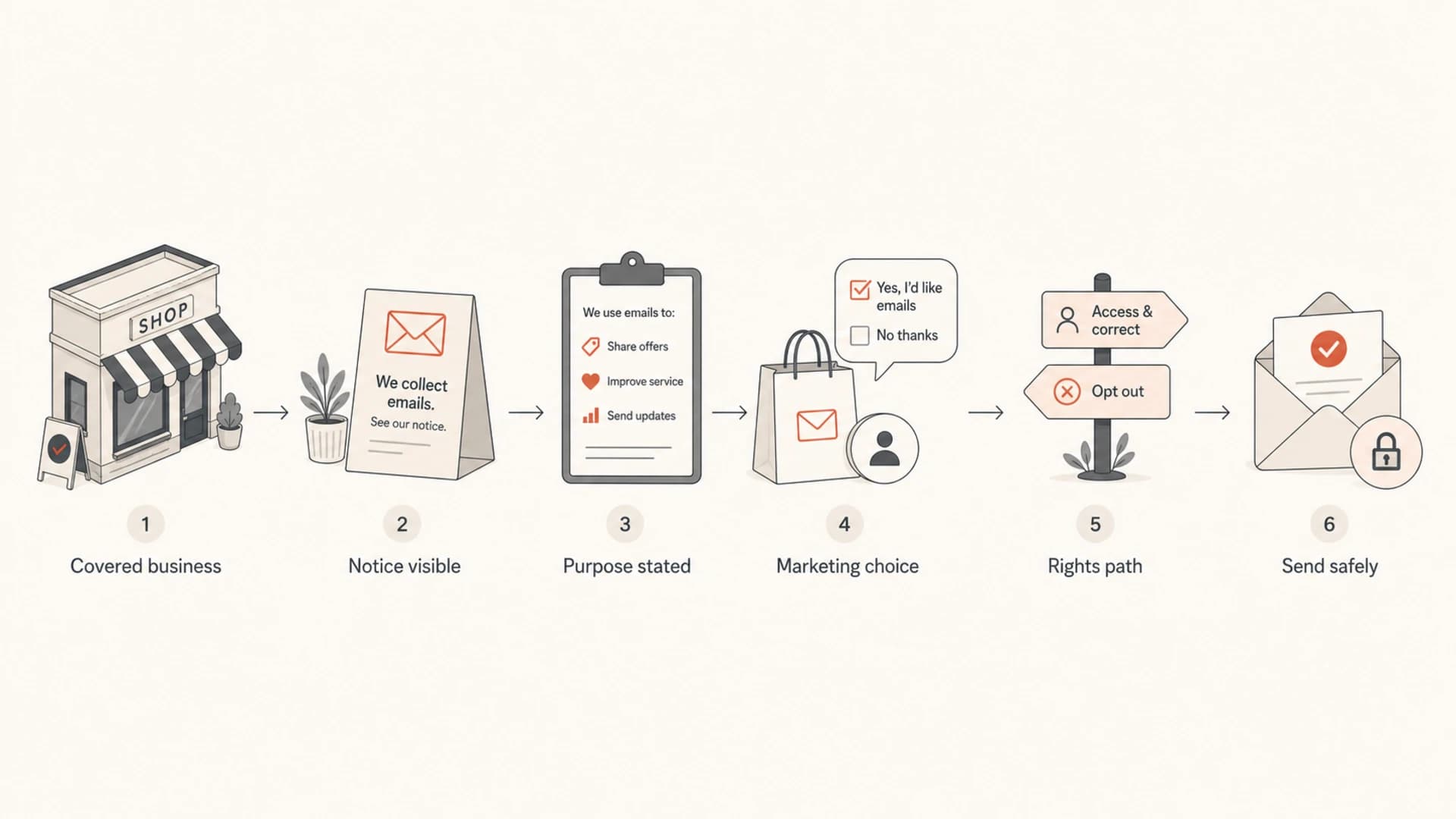 Flowchart showing the retail email collection steps from notice to safe sending.