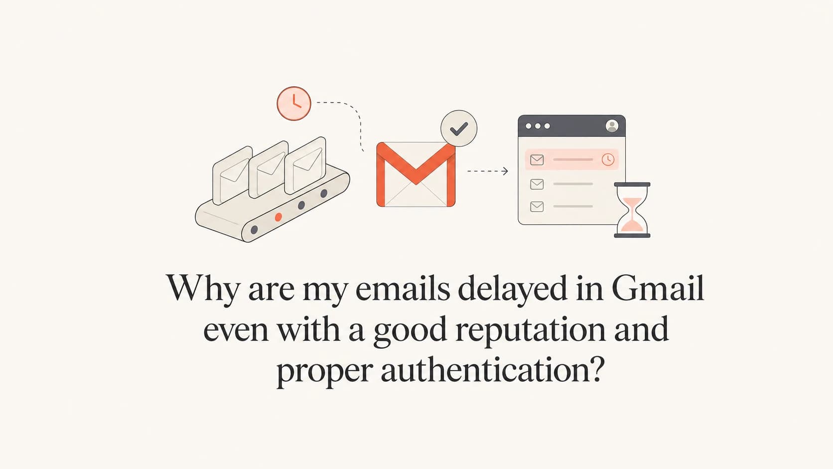 Queued authenticated email moving toward a Gmail inbox after a short delay.