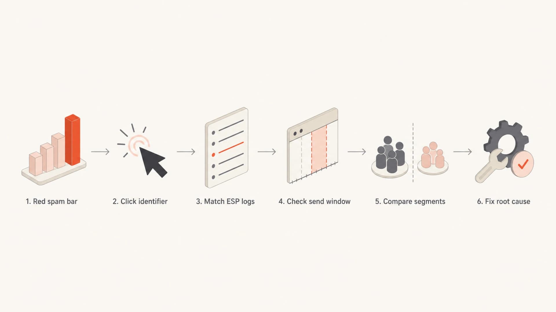 Flowchart showing how to map a Gmail spam complaint spike to a campaign source.