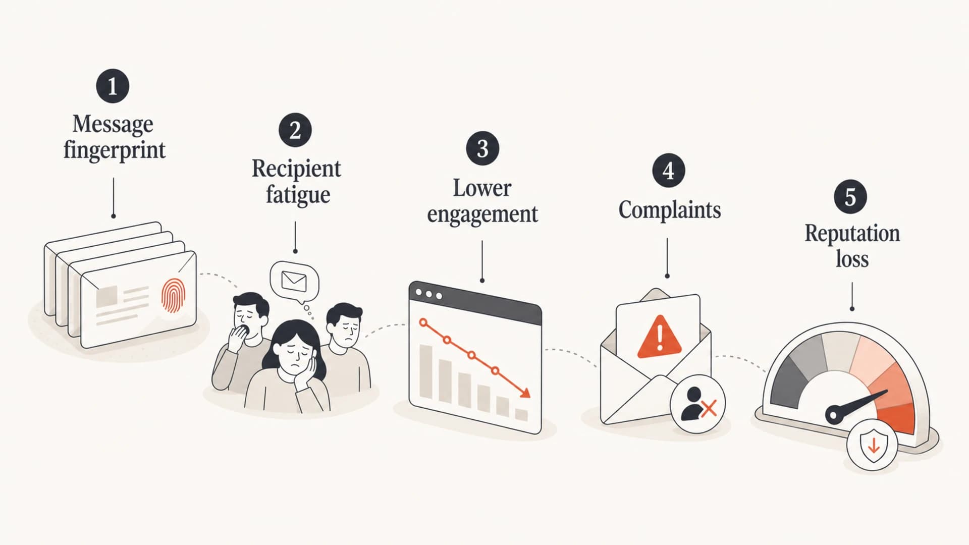 Infographic showing message fingerprint, fatigue, engagement, complaints, and reputation loss.