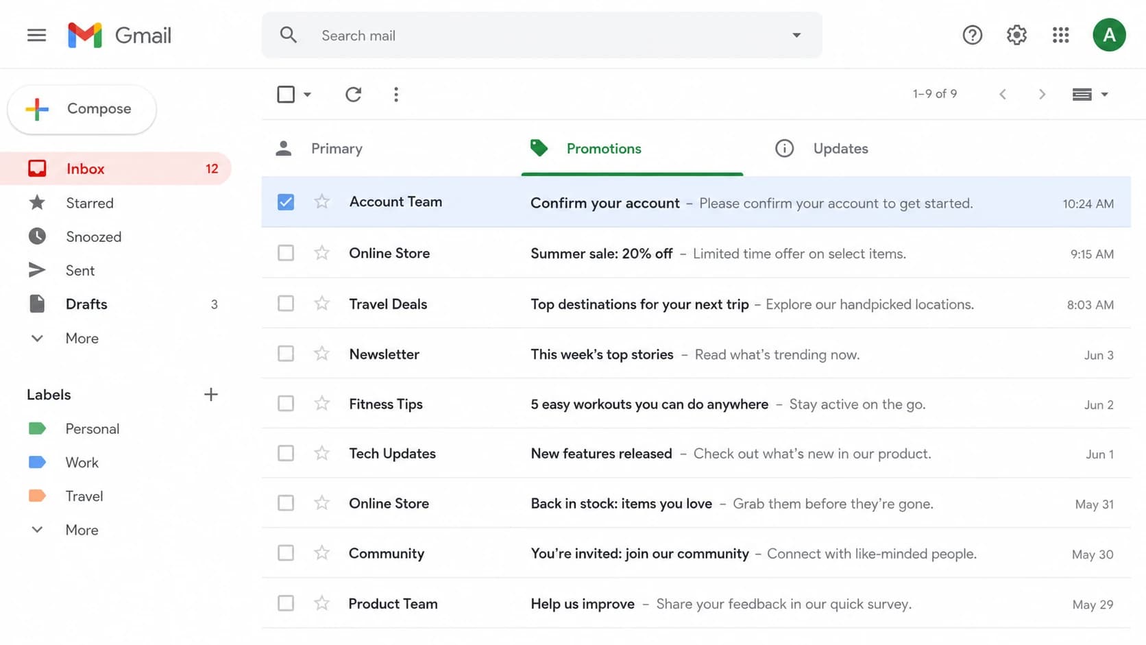 Gmail inbox tabs showing a verification email placed in Promotions.