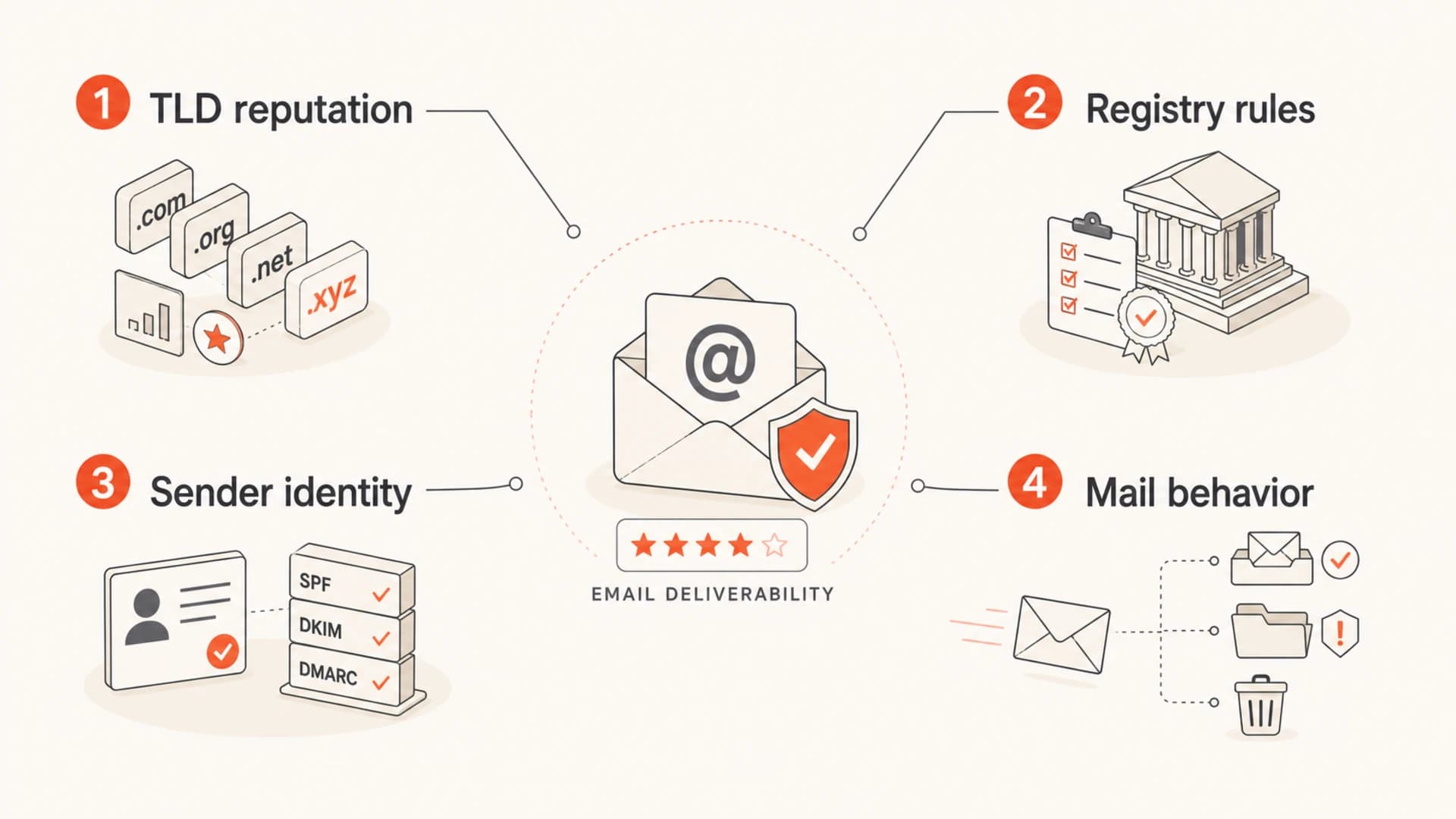 Infographic showing TLD reputation, registry rules, sender identity, and mail behavior.