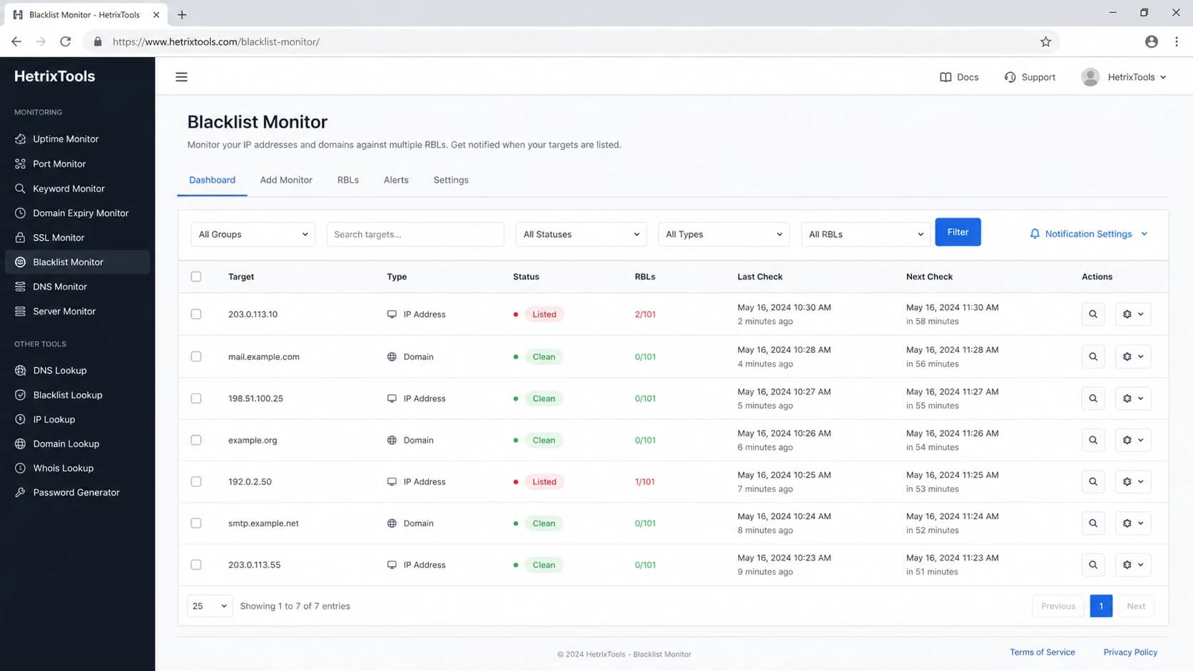 HetrixTools-style blacklist monitor screen with monitored IPs, statuses, check times, and alert controls.