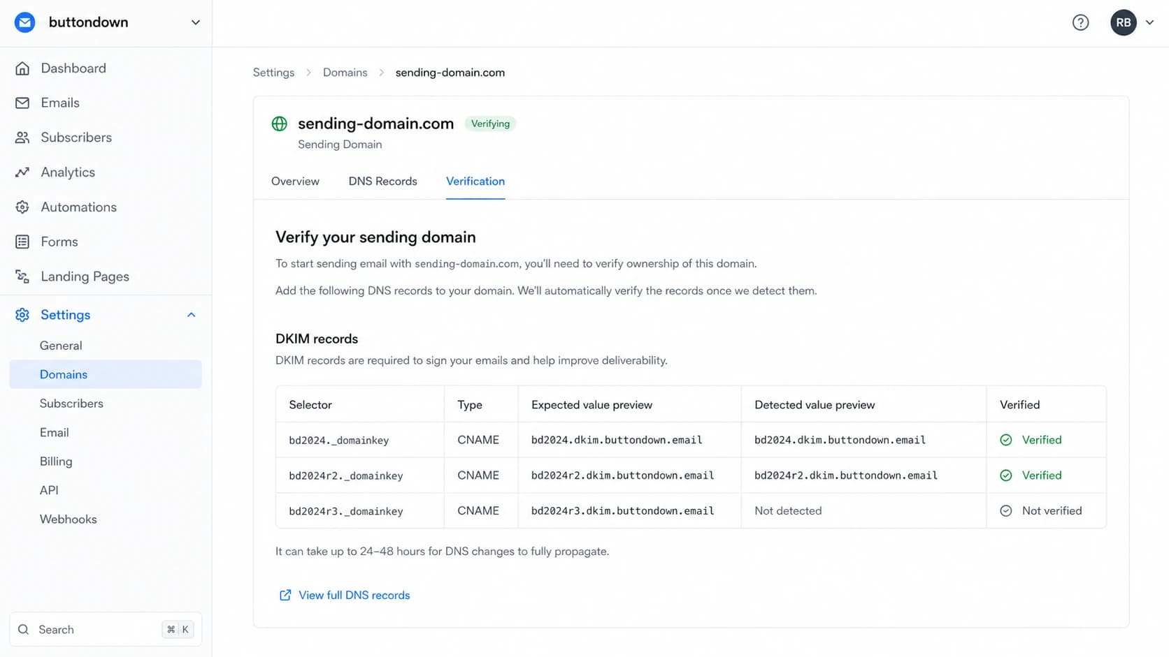 Buttondown sending domain screen showing DKIM records