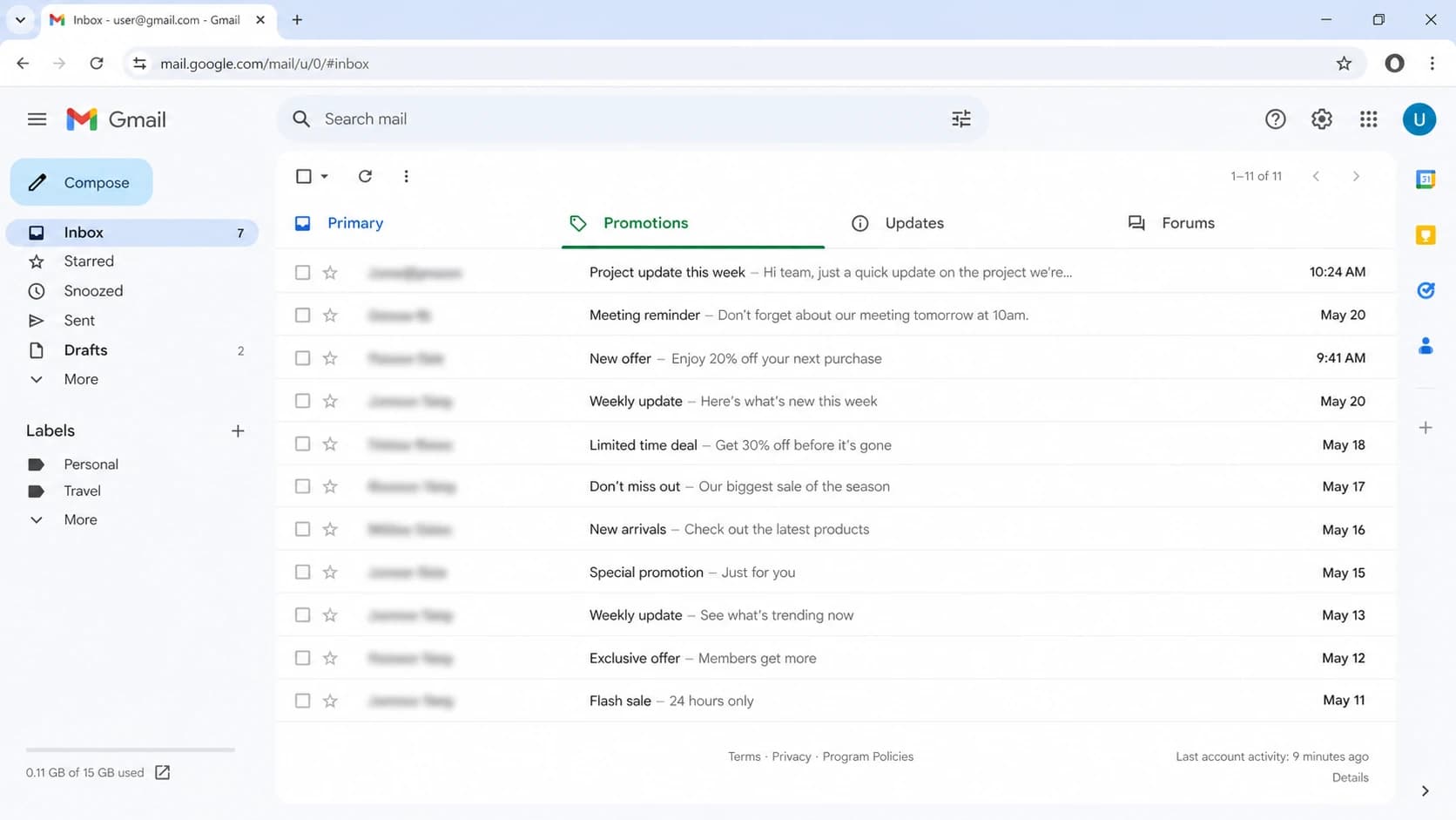 Gmail inbox tabs showing how Promotions placement can reduce measured opens.
