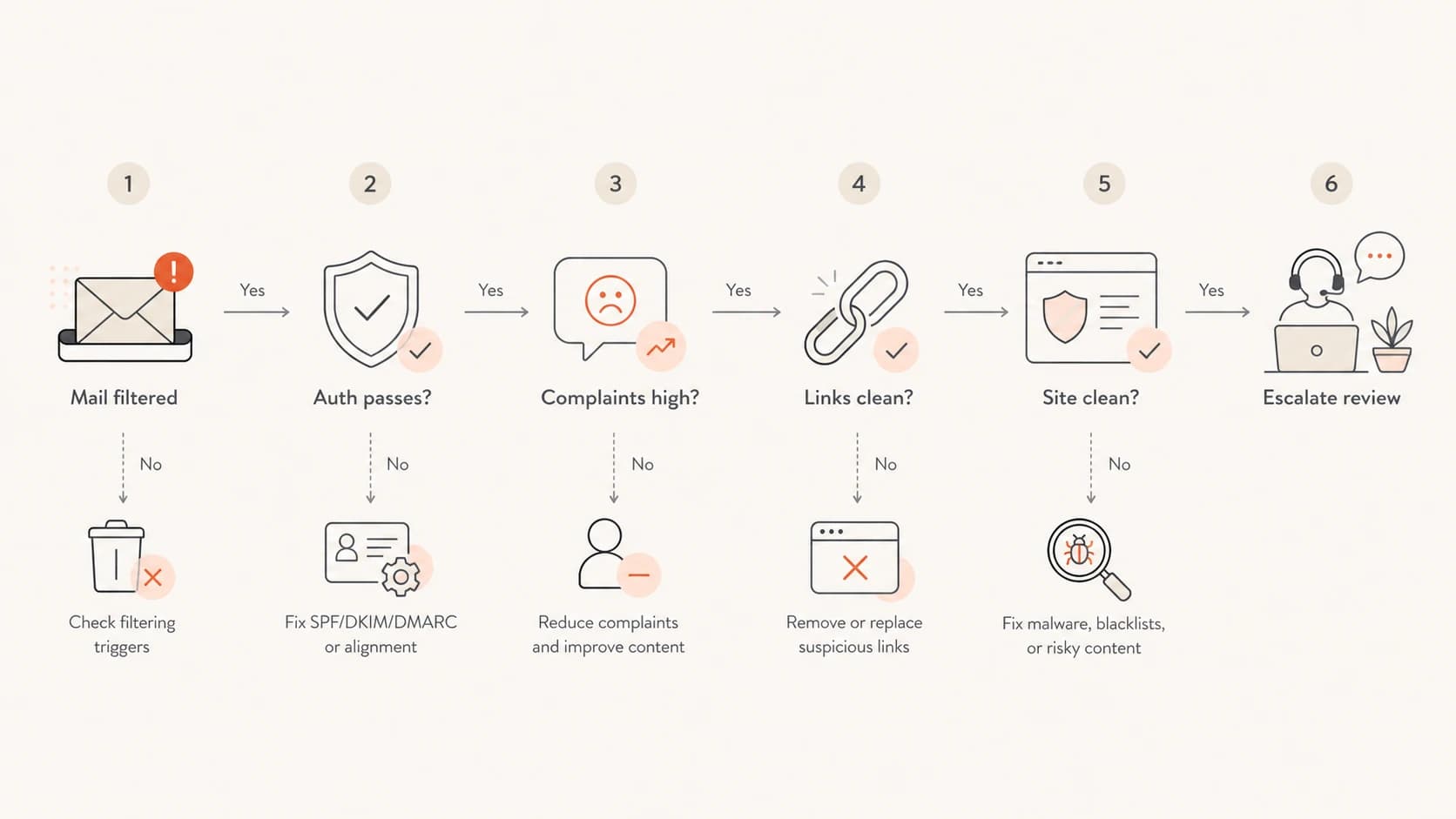 A six-step flowchart for deciding whether SEO-related issues are affecting email deliverability.