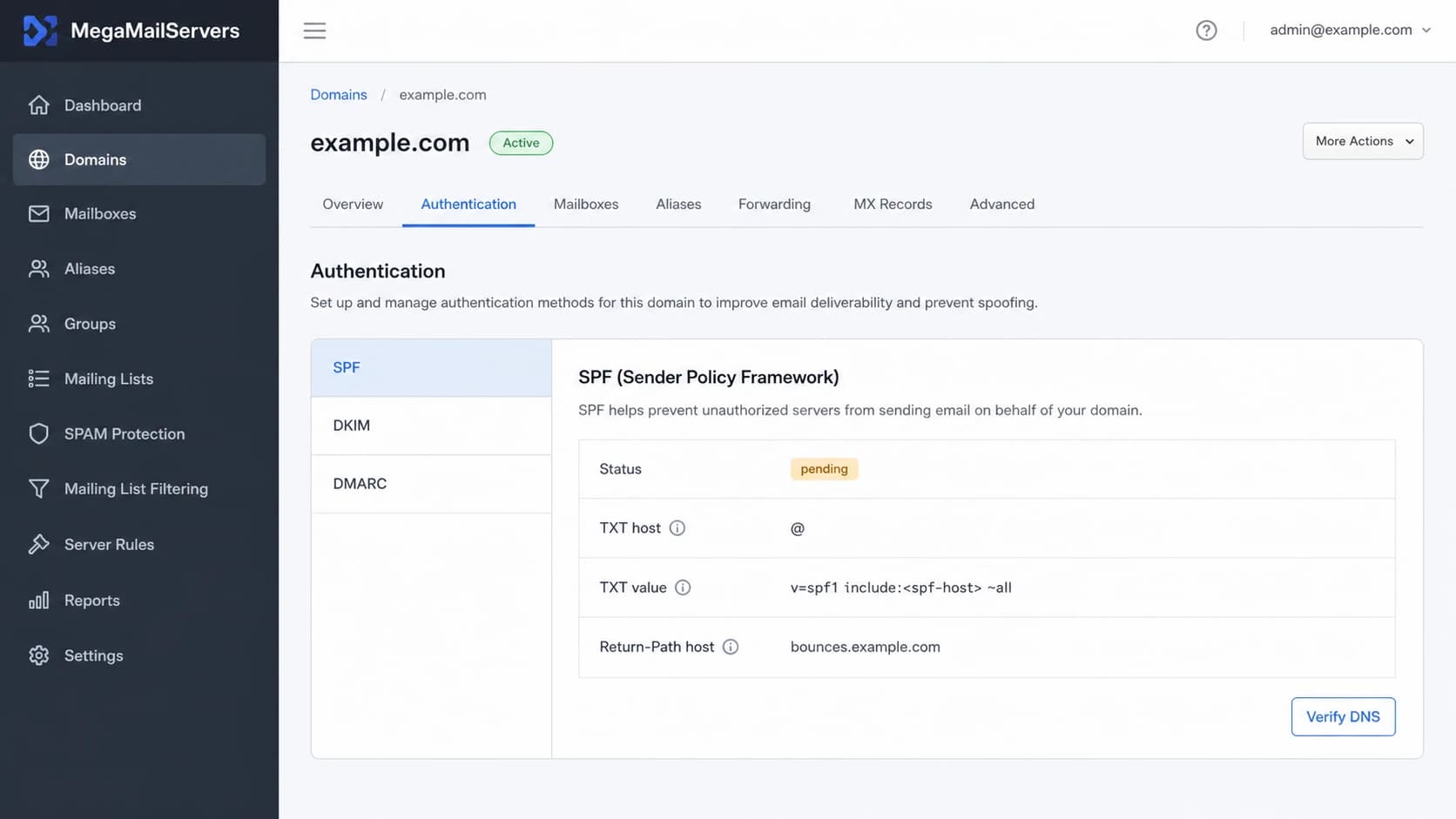 MegaMailServers SPF setup panel showing TXT value and Return-Path host