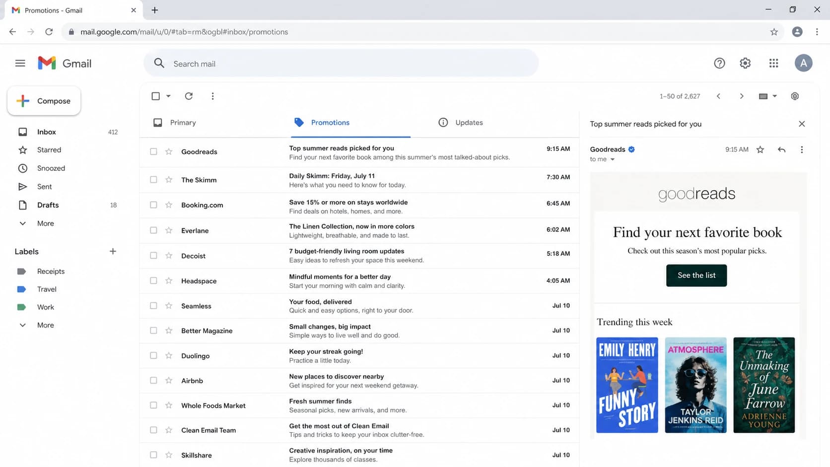 Gmail inbox screenshot showing the Promotions tab selected with newsletter emails listed.