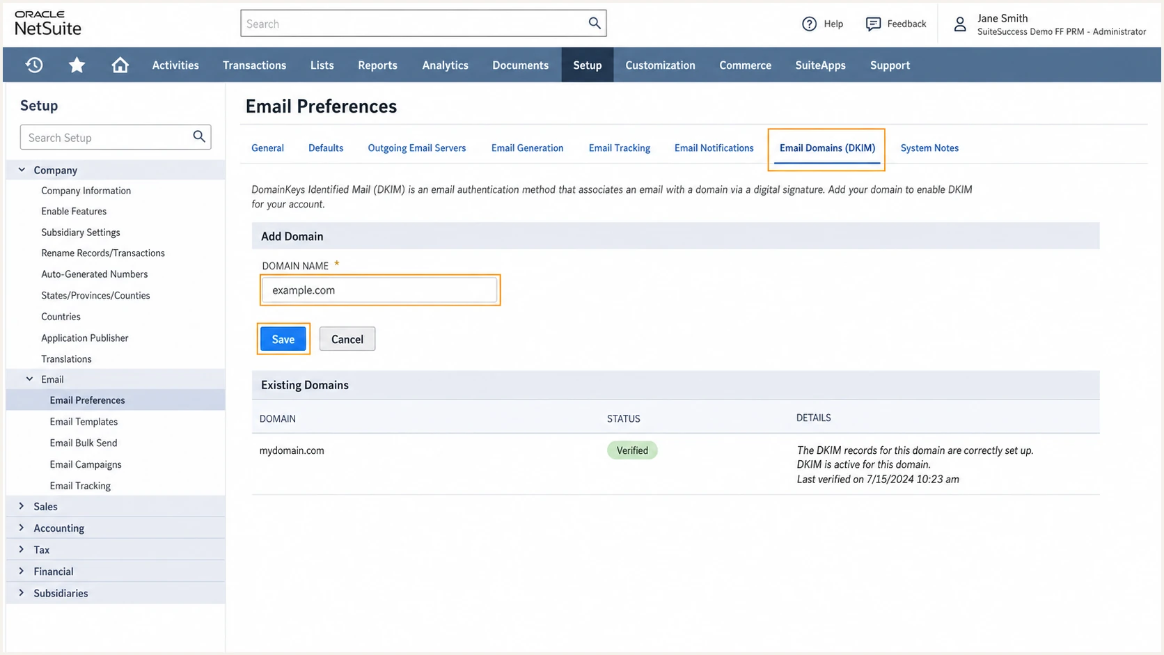 NetSuite Email Domains DKIM settings with the domain field highlighted