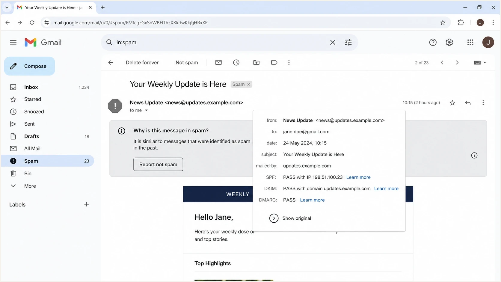 Gmail message details showing that authentication can pass while a newsletter still lands in spam.