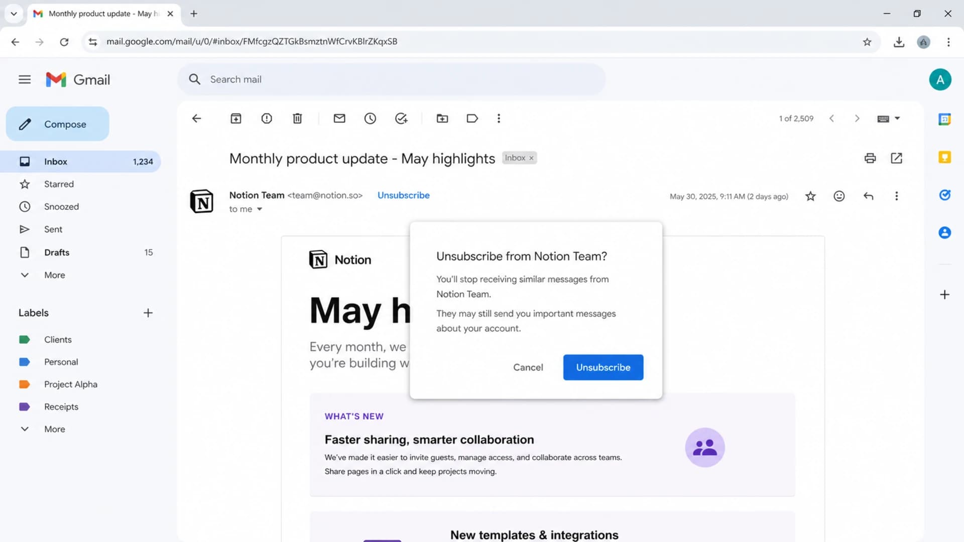 Gmail showing an unsubscribe control near the sender details.