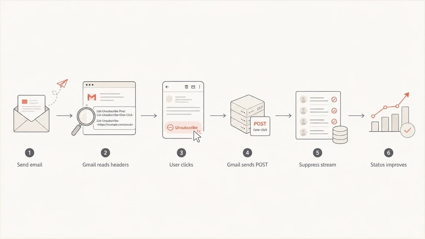 RFC 8058 one-click unsubscribe flow from Gmail header check to stream suppression.