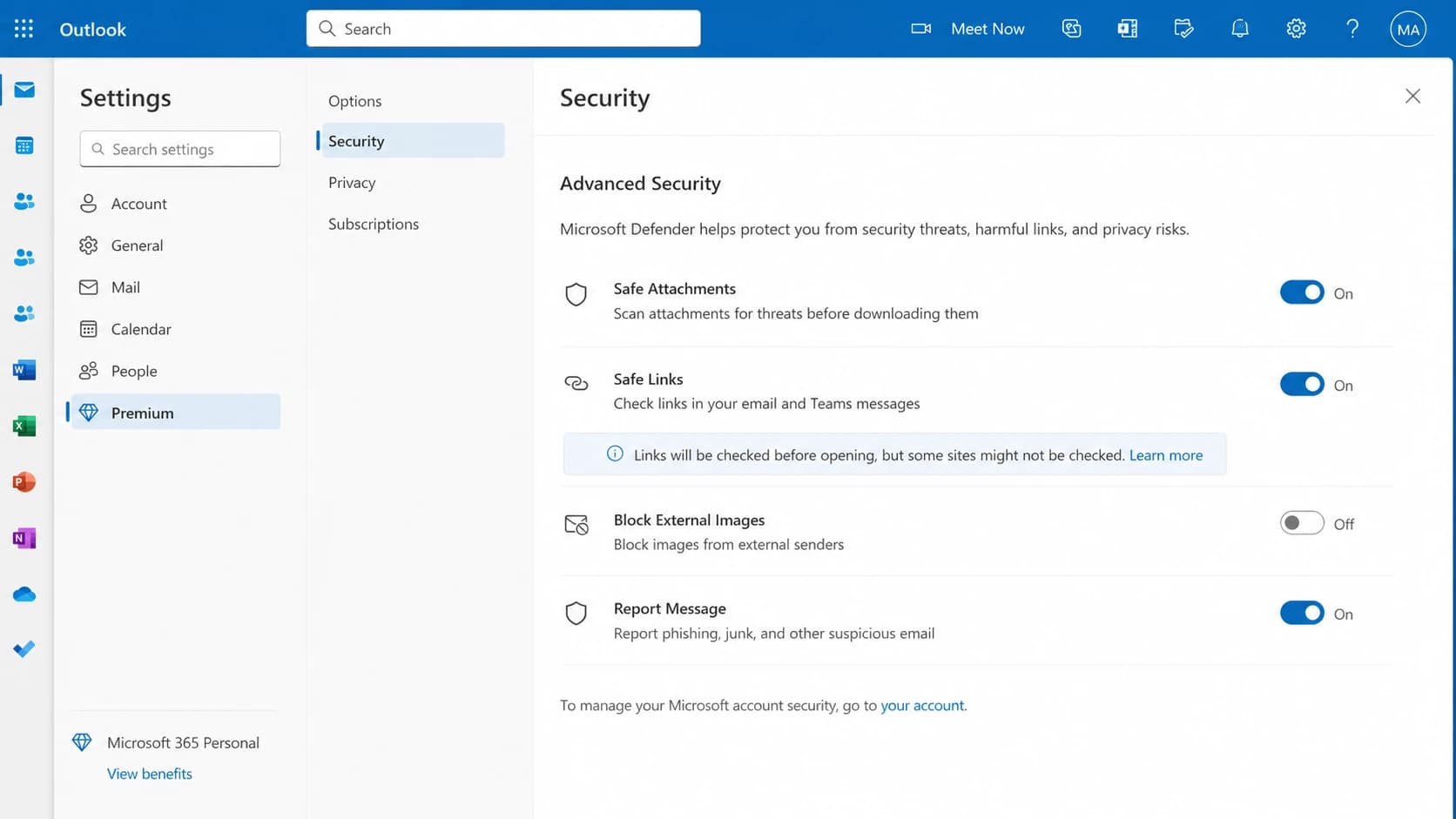 Microsoft Outlook.com Safe Links settings screen