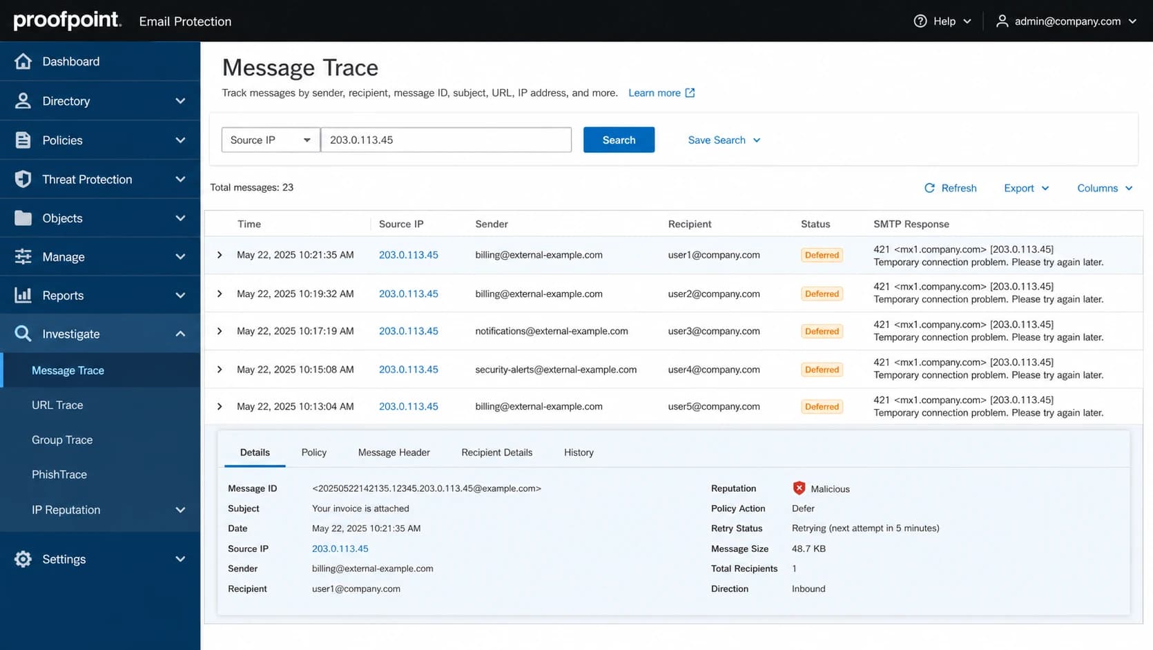Proofpoint Email Protection screen showing message trace rows with 421 deferred responses.
