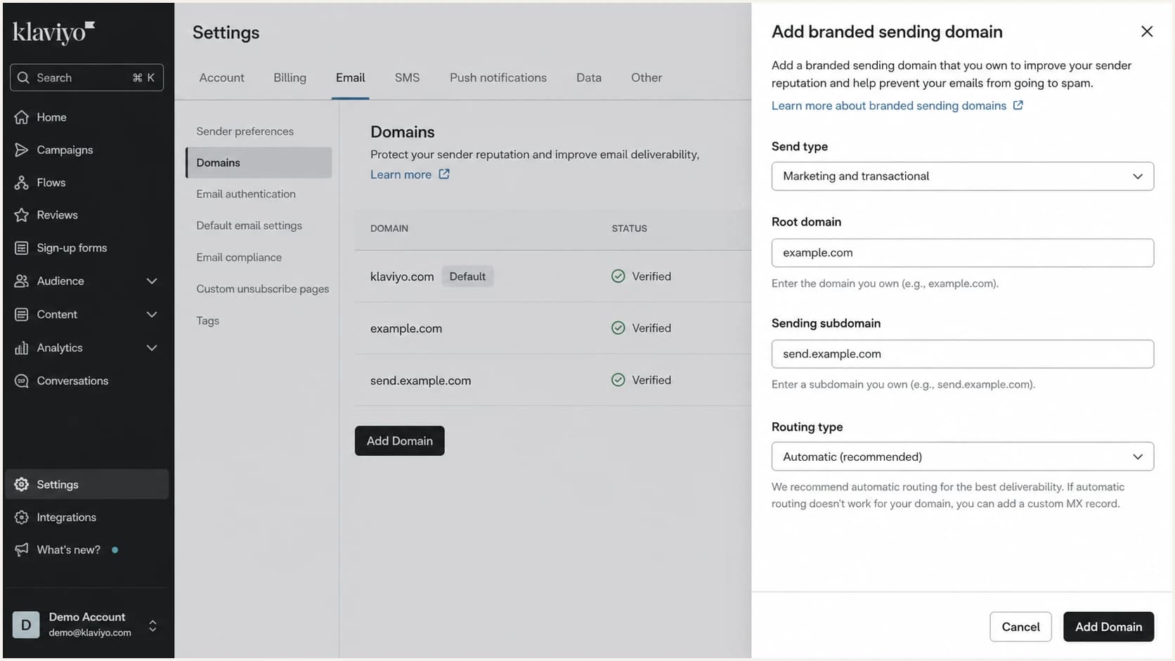 Klaviyo Domains settings showing the branded sending domain setup flow.