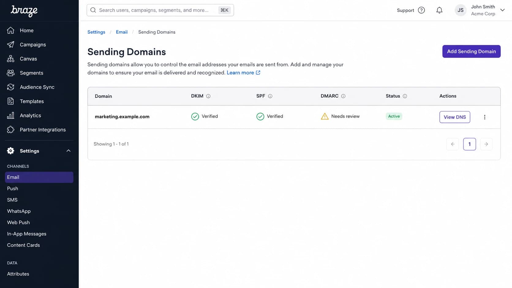 Braze email sending domain settings with authentication status columns.