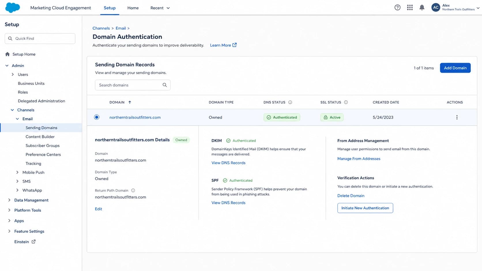 Salesforce Marketing Cloud domain authentication settings screen.